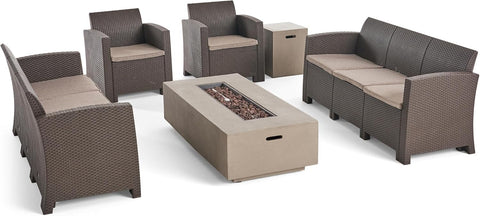 Comet Outdoor 8-Seater Wicker Print Chat Set with Fire Pit and Tank Holder, 67.5 "W X 26 "D X 30 "H, Brown + Mixed Beige + Light Gray