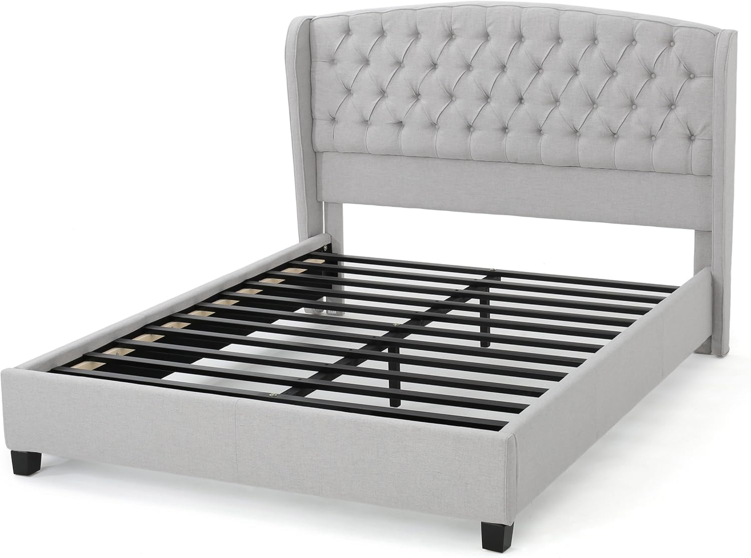 Fully-Upholstered King-Size Platform Bed Frame, Low-Profile, Contemporary, Light Gray