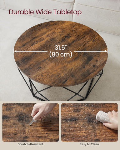 round Coffee Table for Living Room, Cage Cocktail Table with Steel Frame, 31.5 Inches Dia., Industrial Style, Rustic Brown and Black ULCT040B01