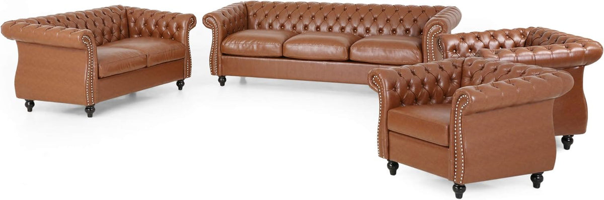 Stephanie Traditional Chesterfield 4 Piece Living Room Set, Cognac Brown, Dark Brown