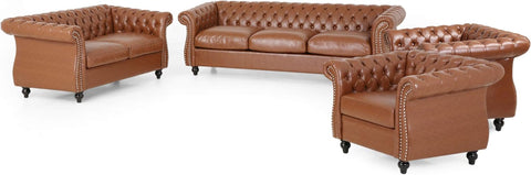 Stephanie Traditional Chesterfield 4 Piece Living Room Set, Cognac Brown, Dark Brown