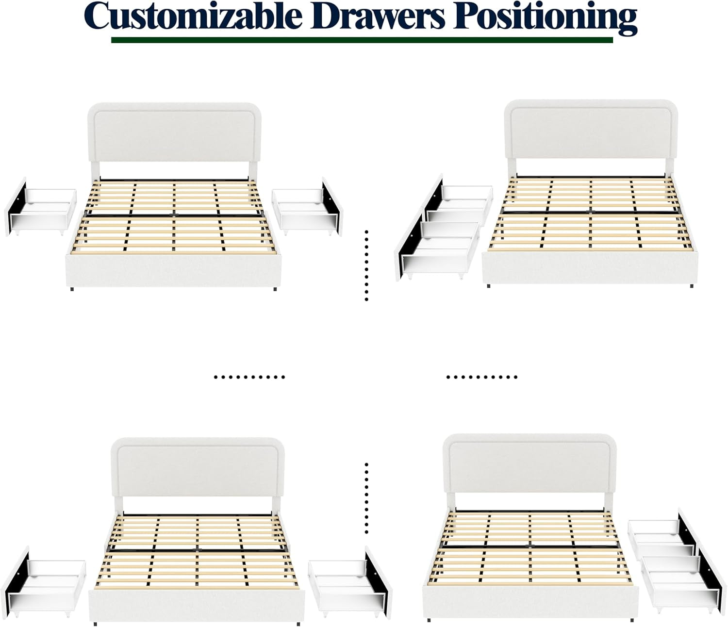 Upholstered Bed with Storage,Queen Size Platform Bed Frame with 2 Drawers,Curved Stitched Tufted Headboard, Wooden Slat Mattress Support No Box Spring Needed Easy Assembly, Ivory Boucle