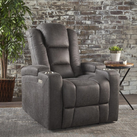 Emersyn Tufted Microfiber Power Recliner with Arm Storage and USB Cord, Slate / Black 38.75D X 33W X 41.75H In