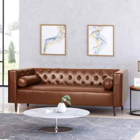 Solomon Contemporary Tufted Deep Seated Sofa with Accent Pillows, Cognac Brown and Espresso