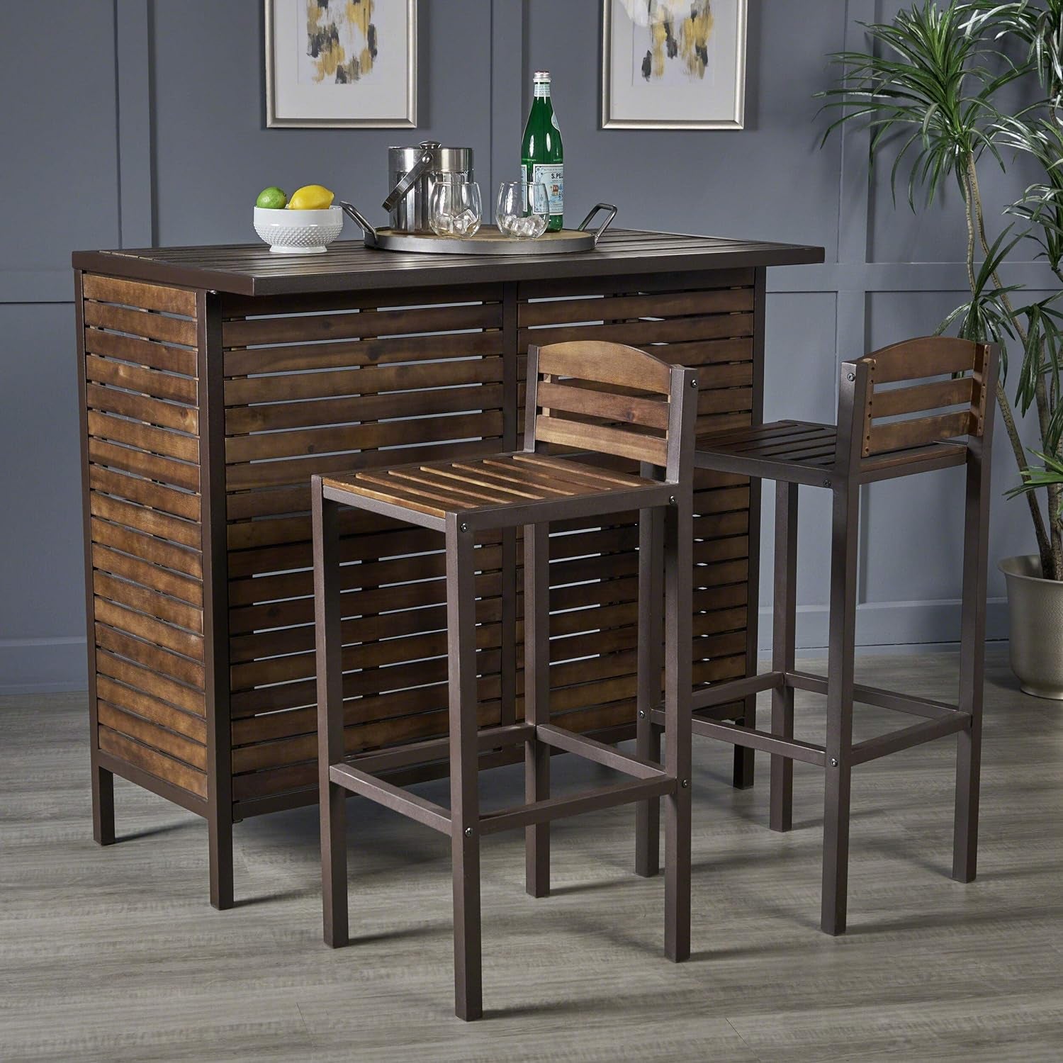 Leni Indoor Acacia Bar Set with Rustic Metal Finish Accents, Dark Brown / Rustic Metal