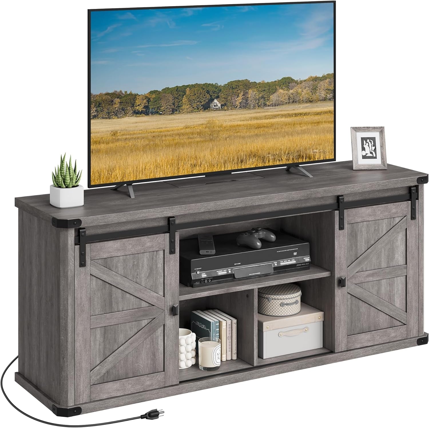 TV Stand for Tvs up to 65 Inches, Farmhouse Entertainment Center with Sliding Barn Doors, TV Console Table for Living Room, Misty Gray ULTV324G68