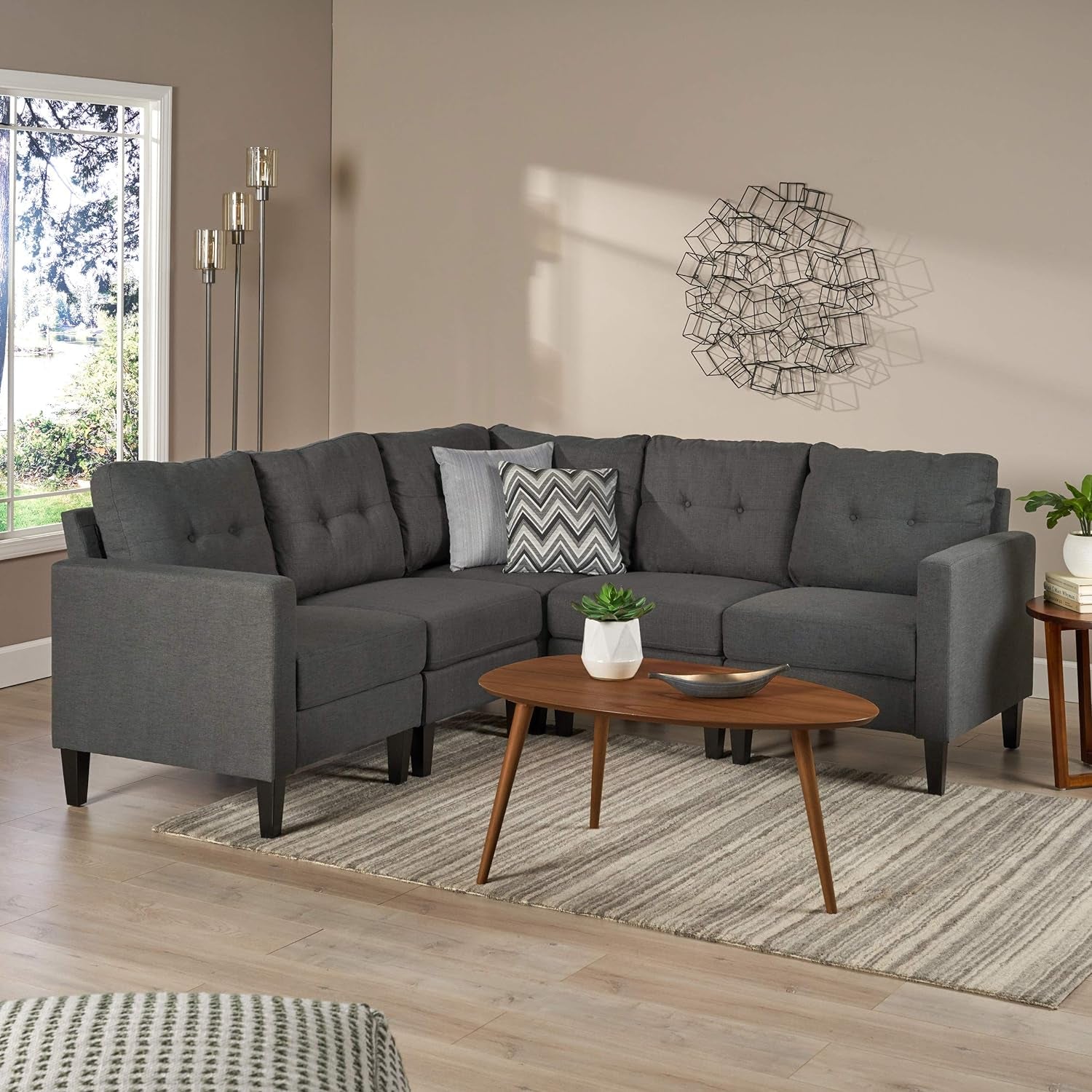 Emmie Mid-Century Modern 5-Piece Sectional Sofa, Dark Grey / Dark Brown