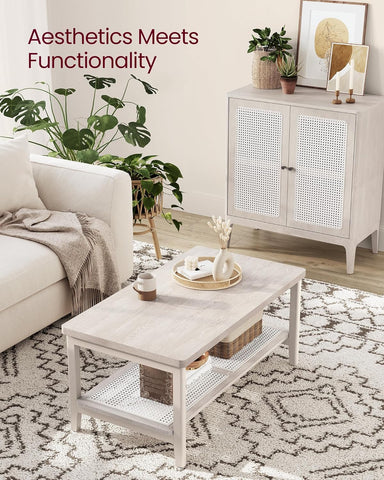 2-Tier Coffee Table for Living Room, Living Room Table Rectangular Center Table, with PVC Rattan Storage Shelf, Rounded Corners, Easy Assembly, Boho Style, Oatmeal Beige ULCT240K66