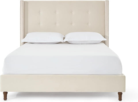 Peyton 54" High Headboard Traditional Hand Buttoned Tufting Nailhead Trim Wingback Upholstered Queen Bed, No Box Spring Needed, Ivory Velvet