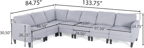 Zahra Fabric Sectional Couch, 7-Pcs Set, Light Grey