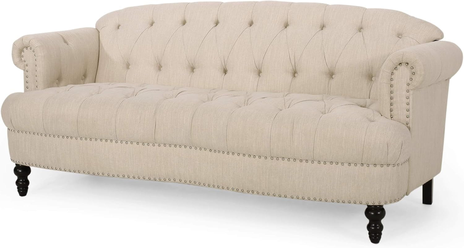Tracy Contemporary Deep Tufted Sofa with Nailhead Trim, Beige