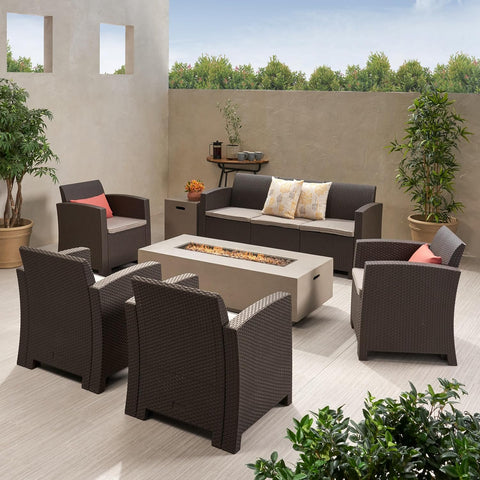 Leavitt Outdoor 7-Seater Chat Set with Fire Pit, 26.5 "W X 26 "D X 30 "H, Brown + Mixed Beige + Light Gray