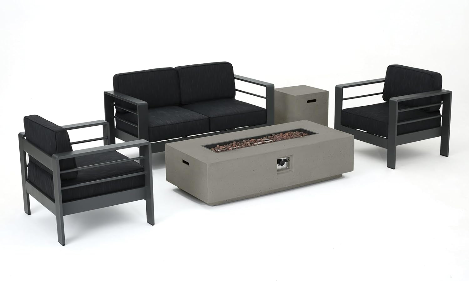 Cape Coral Outdoor Aluminum 5 Piece Conversation Set with Water Resistant Cushions and Rectangular Fire Table, 56.75 "W X 27.5 "D X 24.5 "H, Gray + Dark Gray + Light Gray