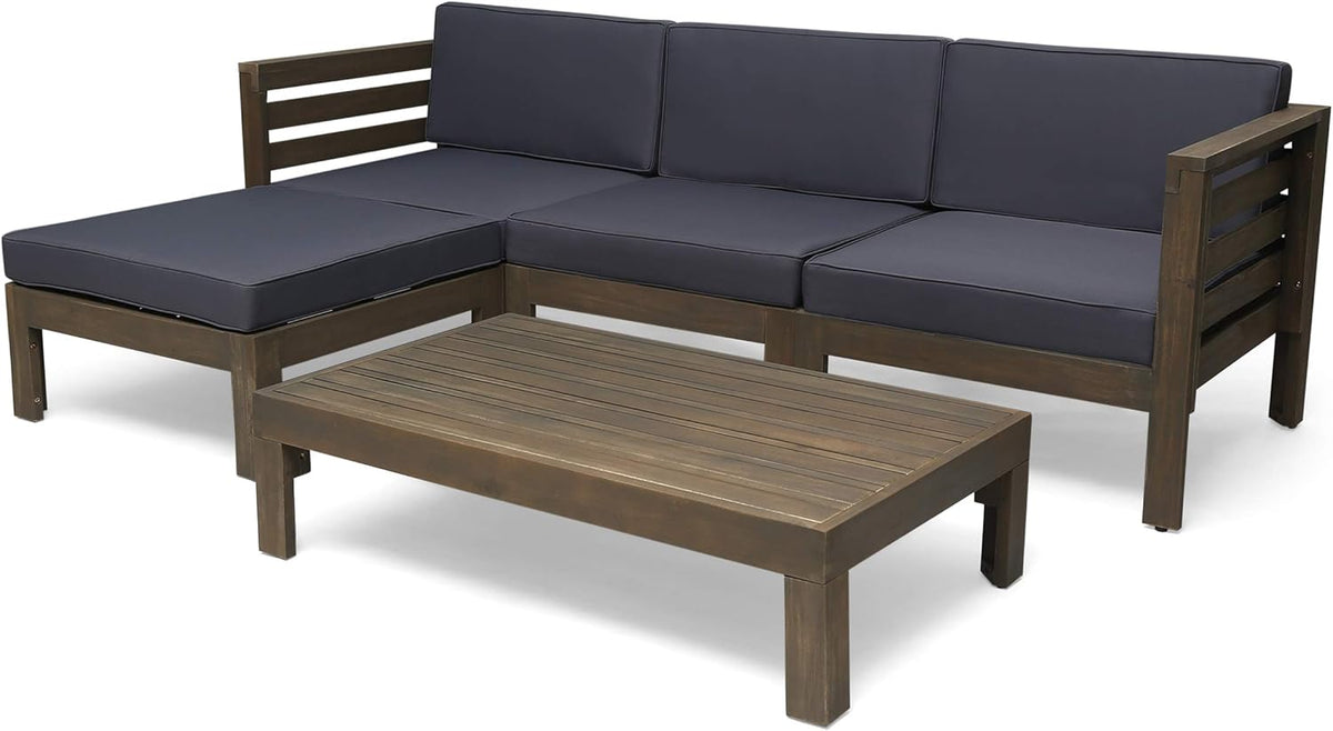 Alice Outdoor 5 Piece Acacia Wood Sofa Set, Gray Finish, Dark Gray