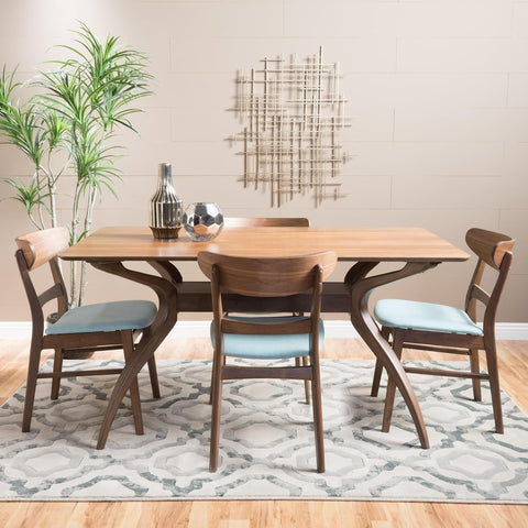 Idalia Curved Leg Rectangular Dining Set, 5-Pcs Set, Natural Walnut / Mint