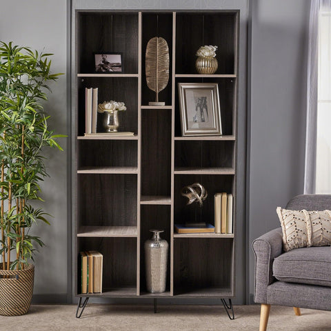 Imogen Modern Two-Toned Faux Wood Bookshelf, Sonoma Grey Oak / Grey Oak / Black