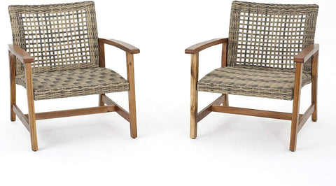 Hampton Outdoor Mid-Century Wicker Club Chairs with Acacia Wood Frame, 2-Pcs Set, Natural Stained / Grey
