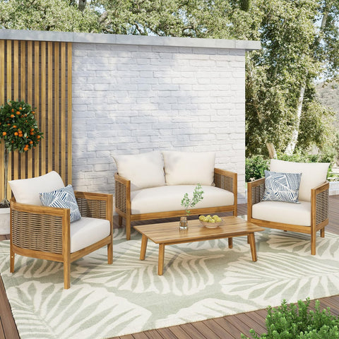 Burchett Outdoor 4Pc Chat Set - Acacia Wood and Wicker - Teak/Mixed Brown/Beige