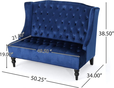 Leora Traditional Tufted Velvet Wingback Loveseat, Navy Blue / Dark Brown