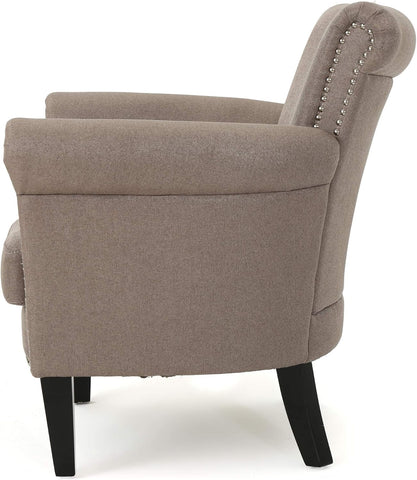 Brice Vintage Scroll Arm Studded Fabric Club Chair, Light Coffee / Dark Brown, 31D X 29.5W X 31.5H In