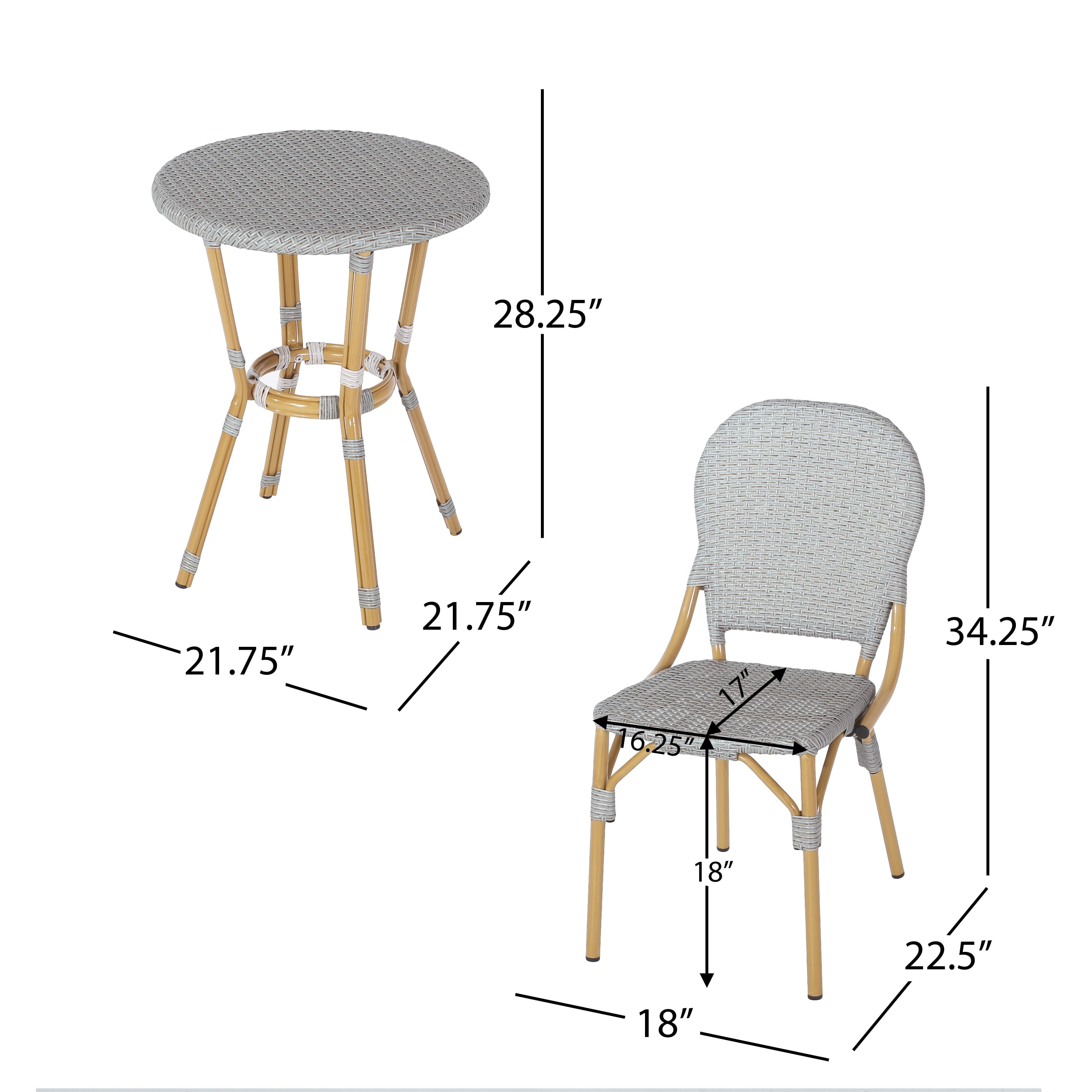 Gallia Outdoor Aluminum 3 Piece French Bistro Set, Gray and Bamboo Finish