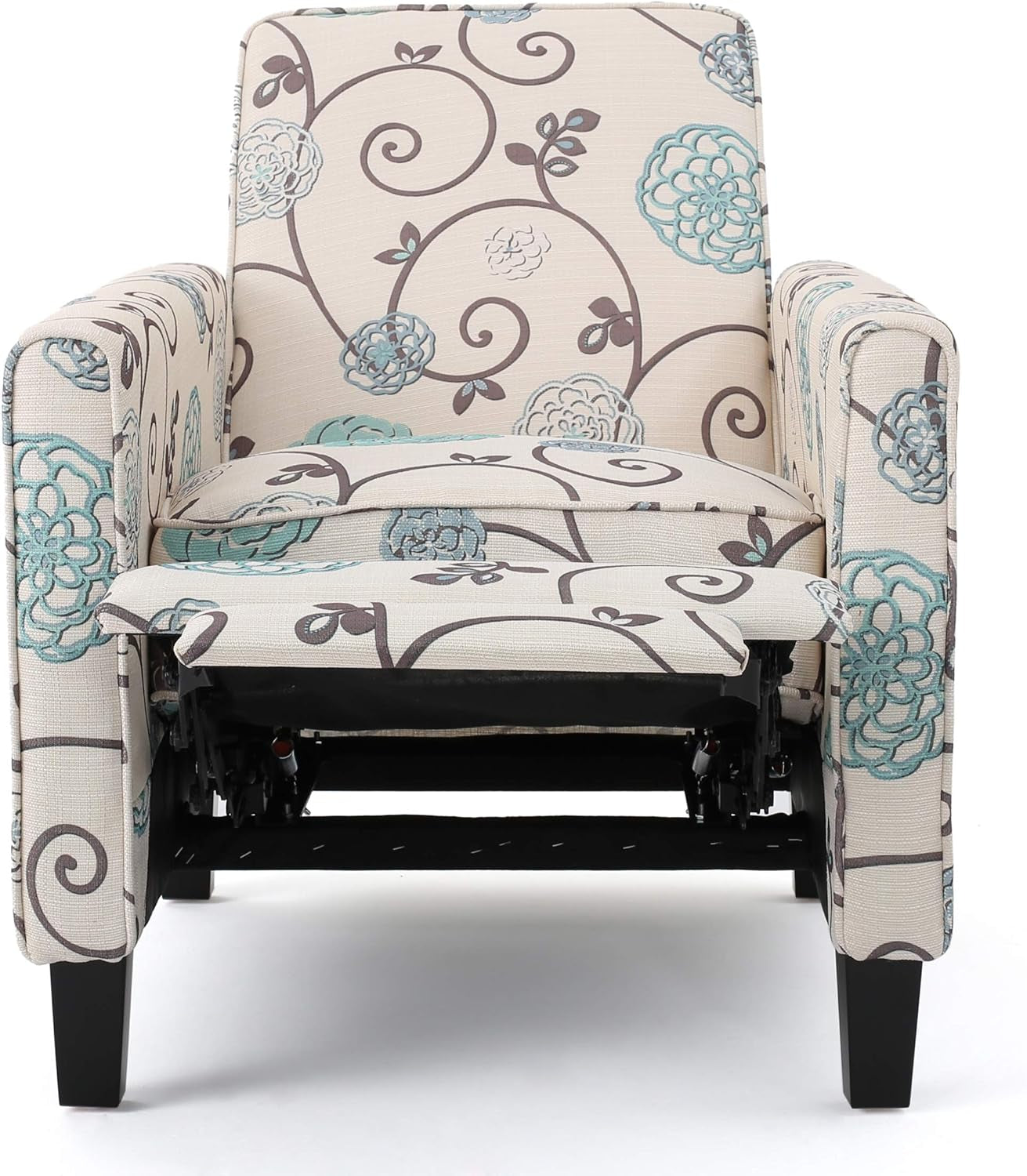 Emmie Fabric Recliner (Set of 2), Light Beige with Blue Floral, Dark Brown