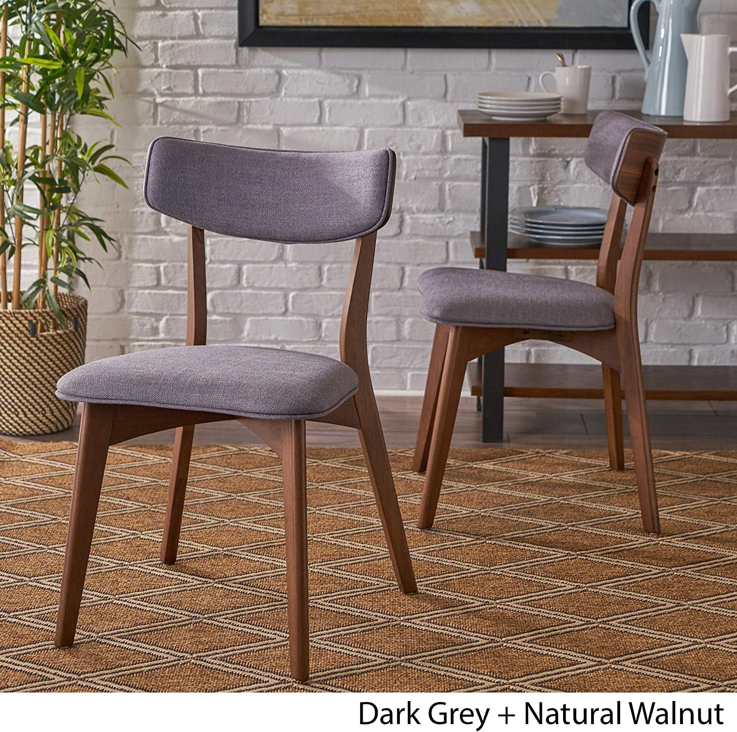 Abrielle Mid-Century Modern Fabric Dining Chairs with Natural Walnut Finished Rubberwood Frame, 2-Pcs Set, Dark Grey / Natural Walnut