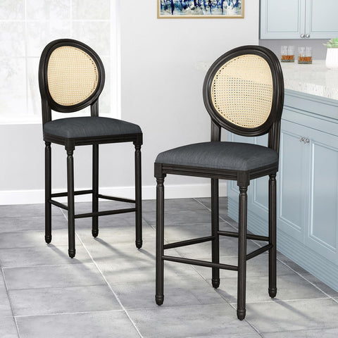 Cheney French Country Wooden Barstools with Upholstered Seating (Set of 2), Charcoal and Dark Brown