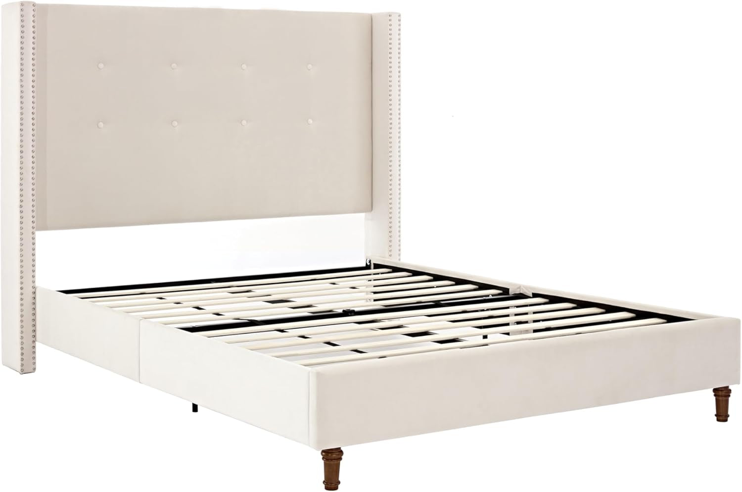 Peyton 54" High Headboard Traditional Hand Buttoned Tufting Nailhead Trim Wingback Upholstered Queen Bed, No Box Spring Needed, Ivory Velvet