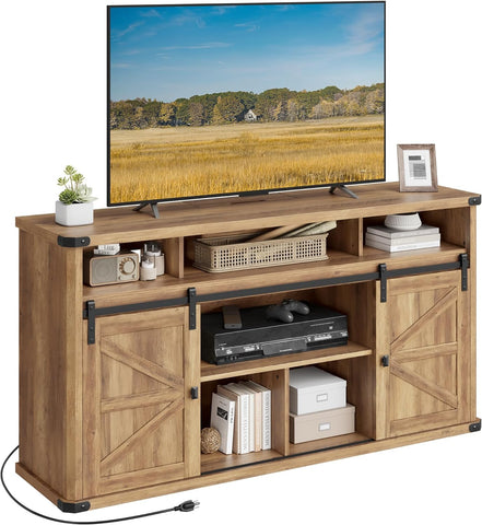 TV Stand for Tvs up to 65 Inches, Farmhouse Entertainment Center with Sliding Barn Doors, TV Console Table for Living Room, Honey Brown ULTV322K41