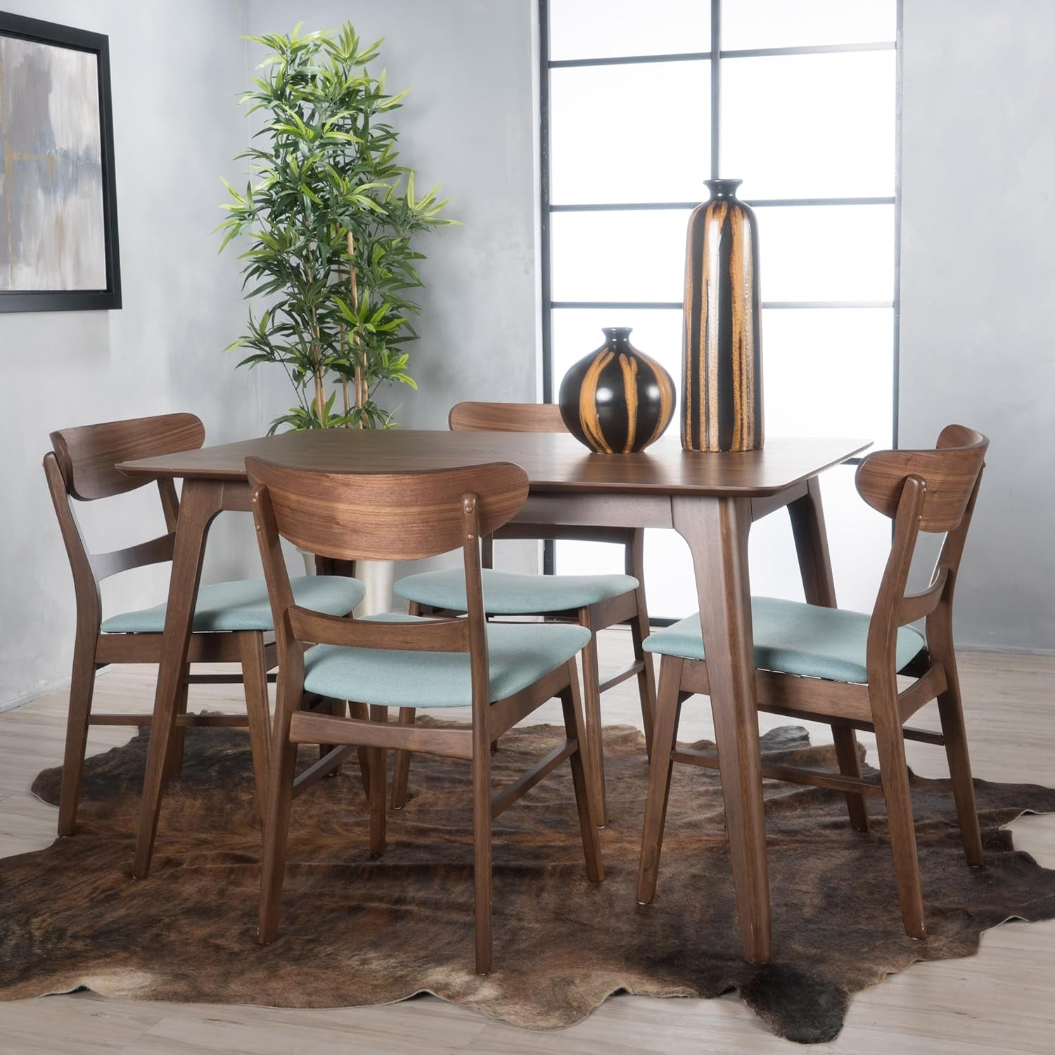 Kwame 50" Rectangular Dining Set, 5-Pcs Set, Natural Walnut / Mint