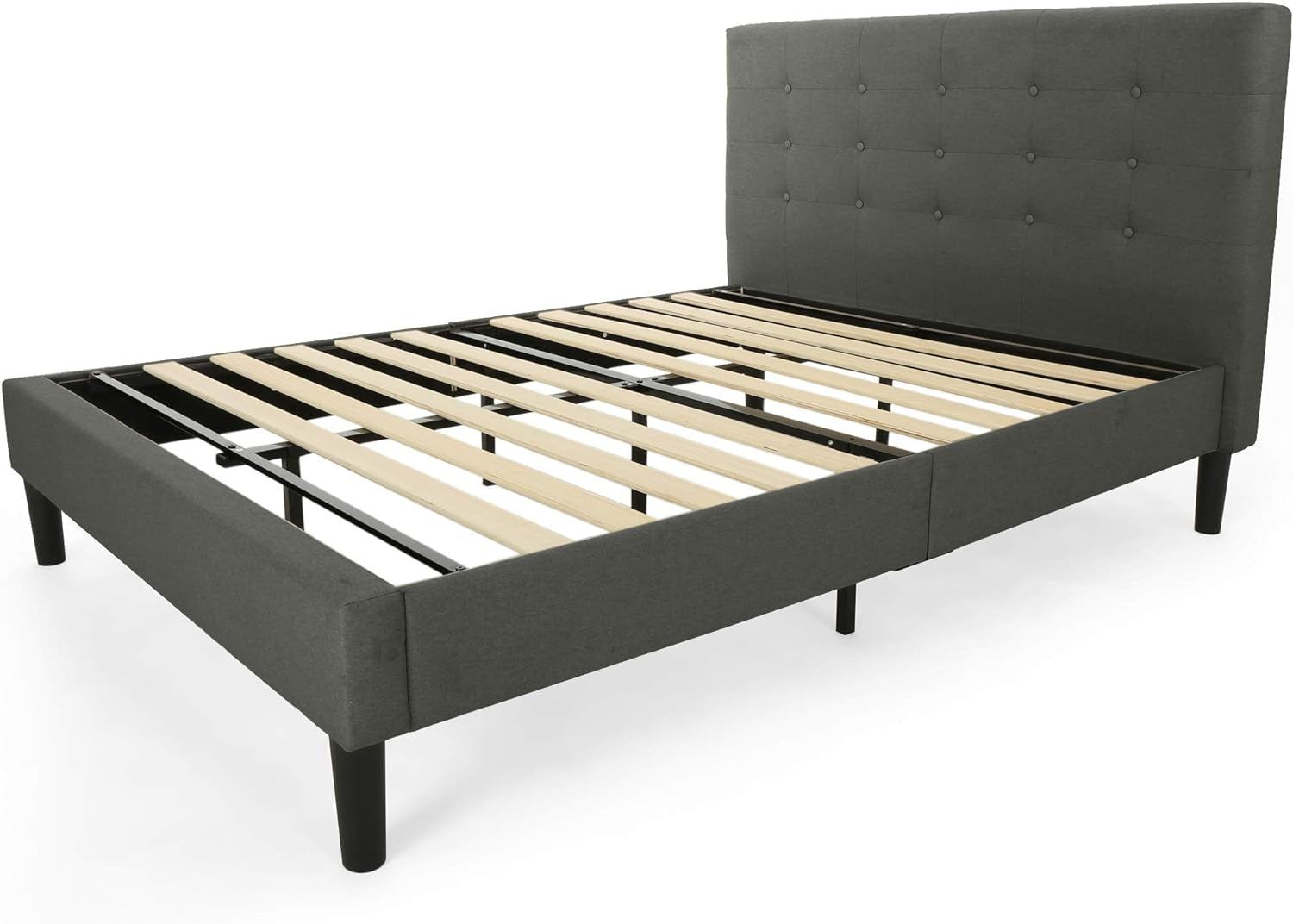 Gloria Fully-Upholstered Queen-Size Platform Bed Frame, Modern, Contemporary, Low-Profile, Charcoal Gray