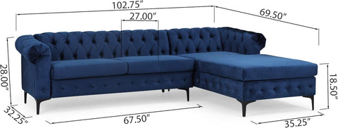 Frieda Velvet 3 Seater Sectional Sofa with Chaise Lounge, Midnight Blue, Black