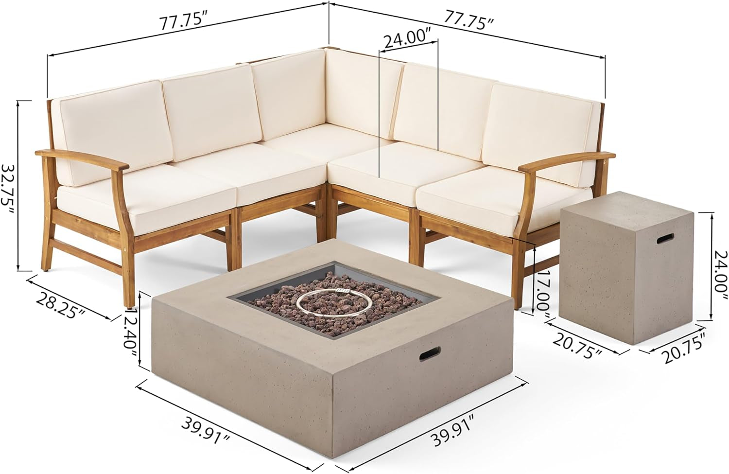 Illona Outdoor 5 Seater V-Shaped Acacia Wood Sofa Set with Square Fire Table and Tank, 23.75 "W X 28 "D X 32.75 "H, Teak + Cream + Light Gray