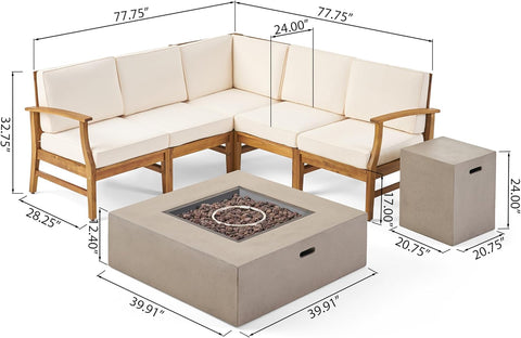 Illona Outdoor 5 Seater V-Shaped Acacia Wood Sofa Set with Square Fire Table and Tank, 23.75 "W X 28 "D X 32.75 "H, Teak + Cream + Light Gray