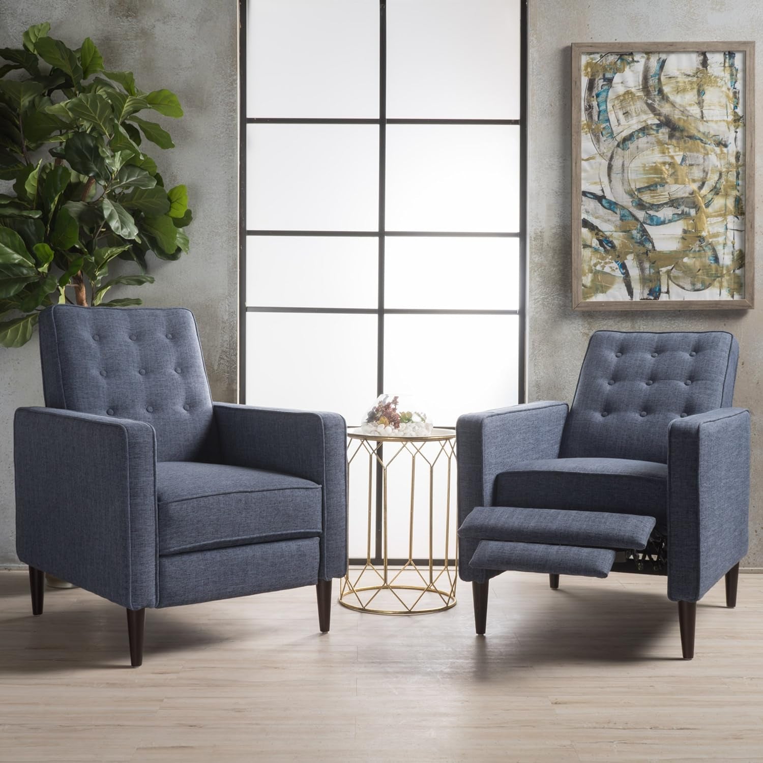 Mervynn Mid-Century Modern Fabric Recliners, 2-Pcs Set, Dark Blue