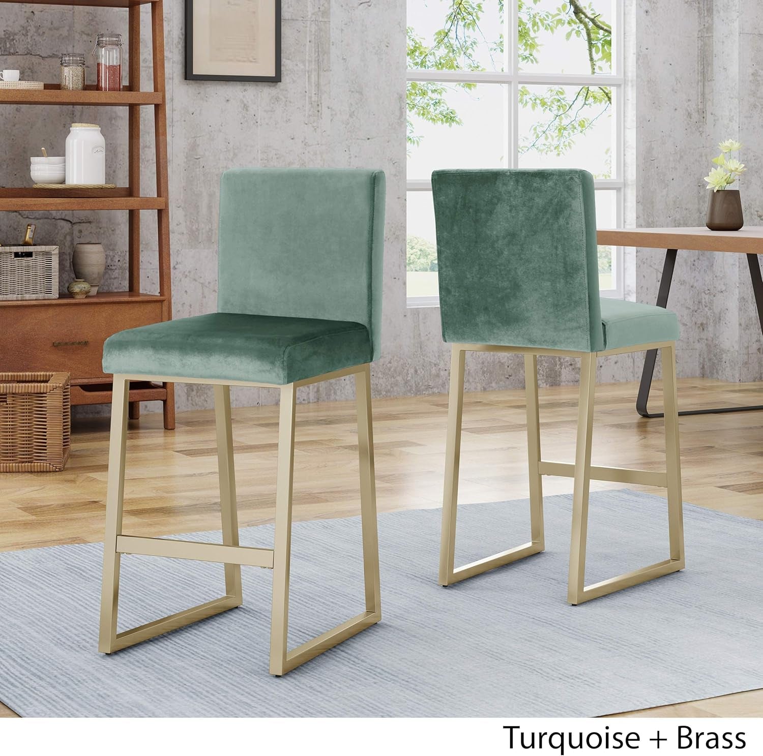 Great Deal Furniture 306435 Lexi Modern Velvet Barstools, Turquoise and Brass (Set of 2)