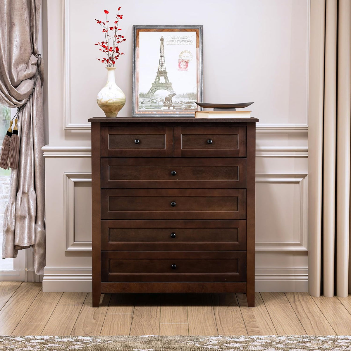 Mid Century Drawer Dresser for Bedroom,Solid Wood Tall Drawers Chest,Retro Organizer Storage Closet for Living Room Corridor,Tableware Cabinet Lockers for Dining Room Kitchen 6 Drawers Brown