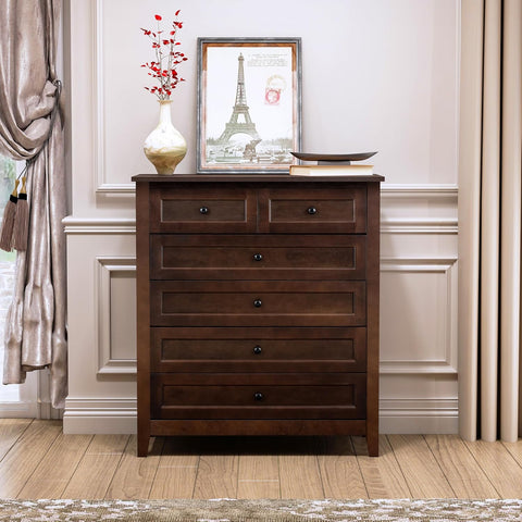 Mid Century Drawer Dresser for Bedroom,Solid Wood Tall Drawers Chest,Retro Organizer Storage Closet for Living Room Corridor,Tableware Cabinet Lockers for Dining Room Kitchen 6 Drawers Brown