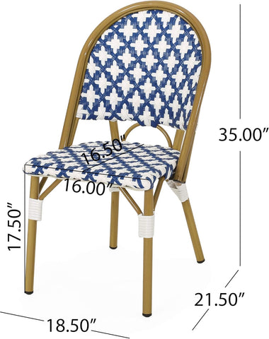 Anastasia Outdoor French Bistro Chair (Set of 2), Blue + White + Bamboo Print Finish