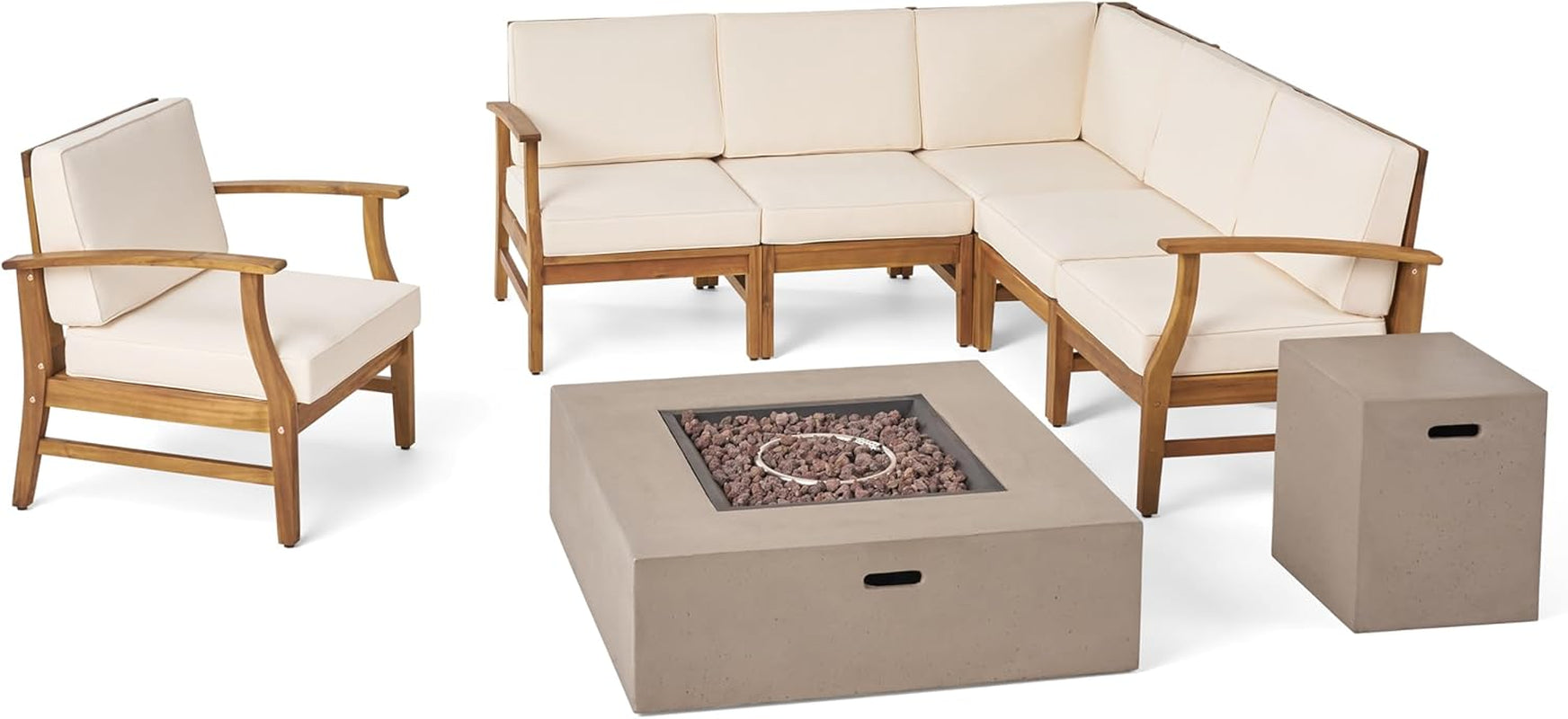 Illona Outdoor 6 Seater Acacia Wood Sofa Set with Square Fire Table and Tank, 23.75 "W X 28 "D X 32.75 "H, Teak + Cream + Light Gray