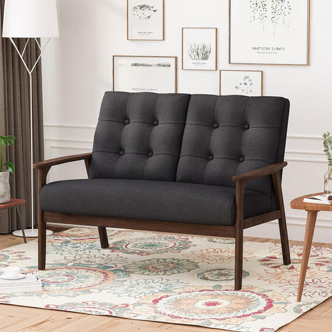 Athena Mid Century Waffle Stitch Tufted Accent Loveseat with Rubberwood Legs-Black and Walnut Finish