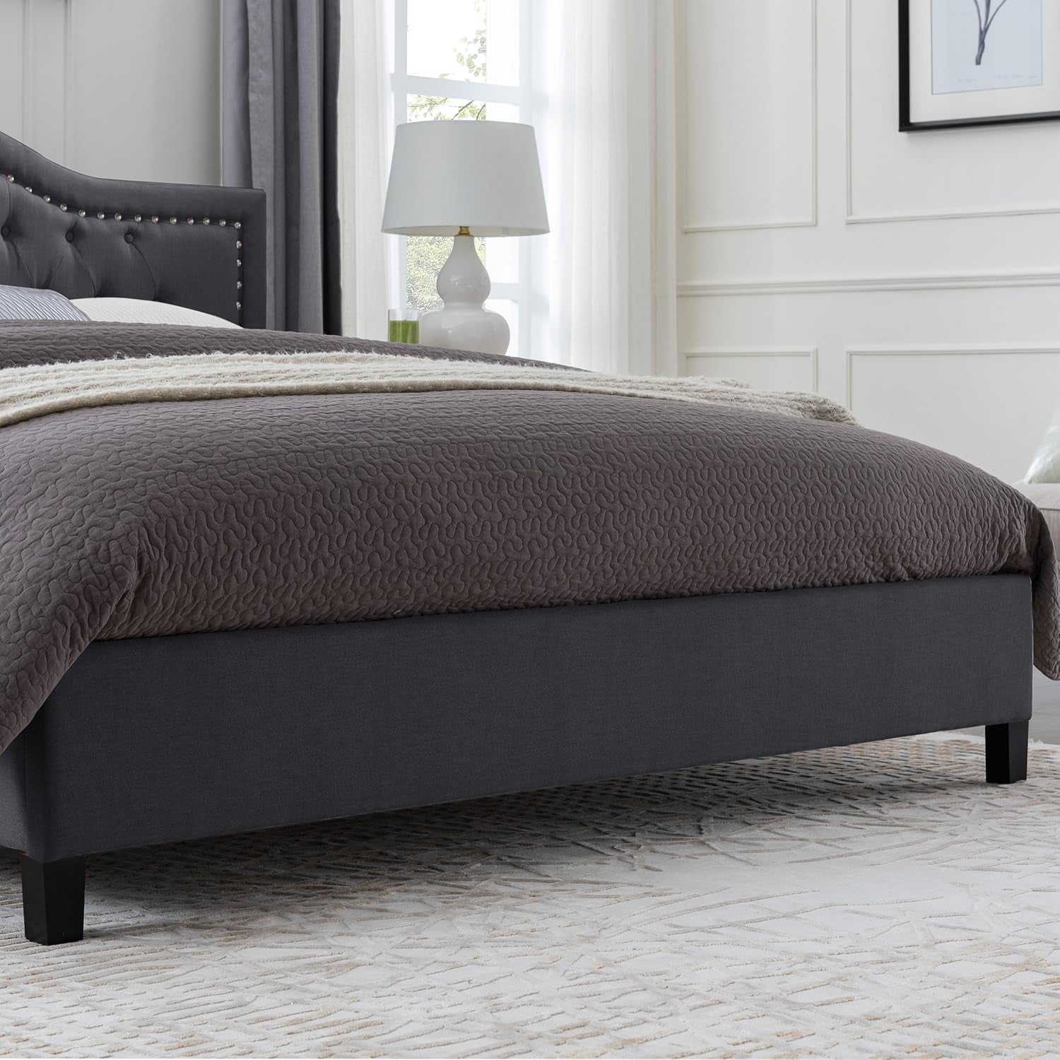 Jacko Fully-Upholstered Traditional Queen-Sized Bed Frame, Dark Gray, Brown