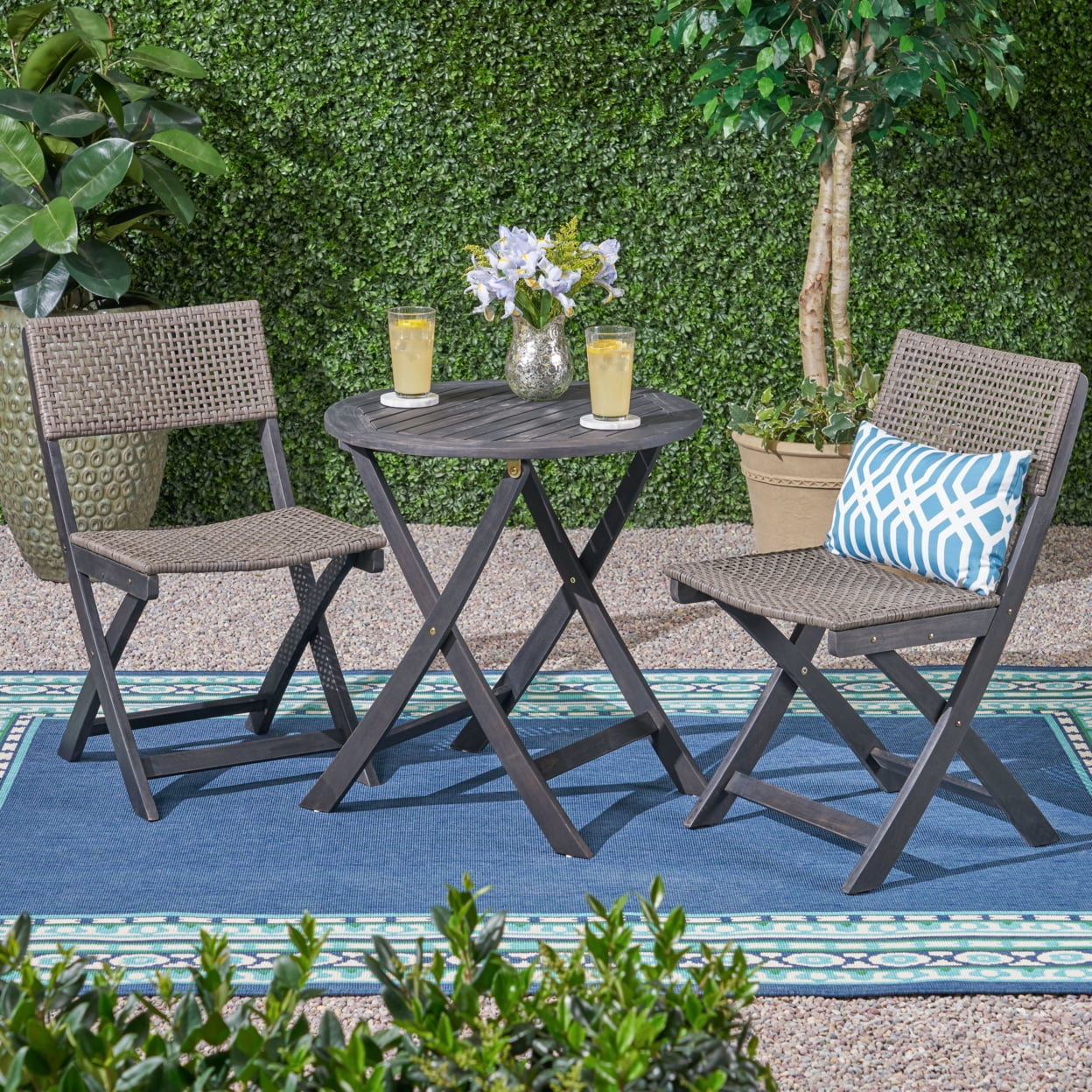 Brooke Outdoor Acacia Wood and Wicker 3 Piece Folding Bistro Set, Dark Gray and Brown