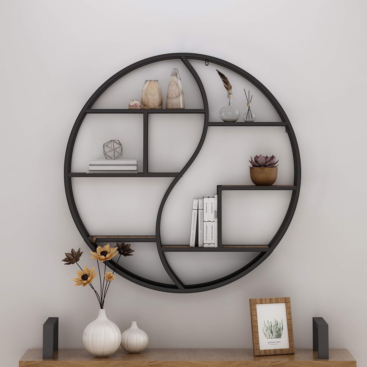 Bobby Industrial Hanging Circular 8 Shelves, Wall Shelf, Black Finish, Natural