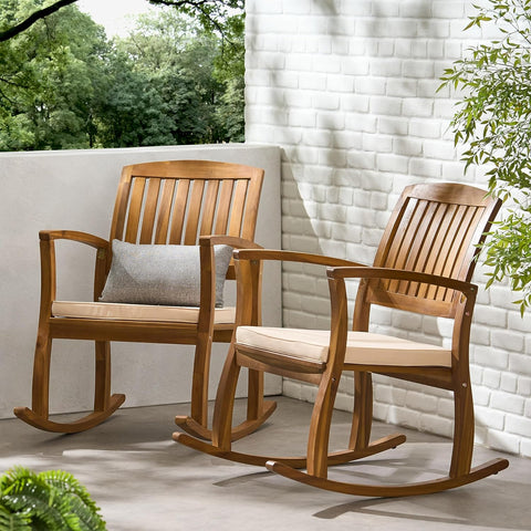 Selma Acacia Rocking Chairs with Cushions, 2-Pcs Set, Teak Finish