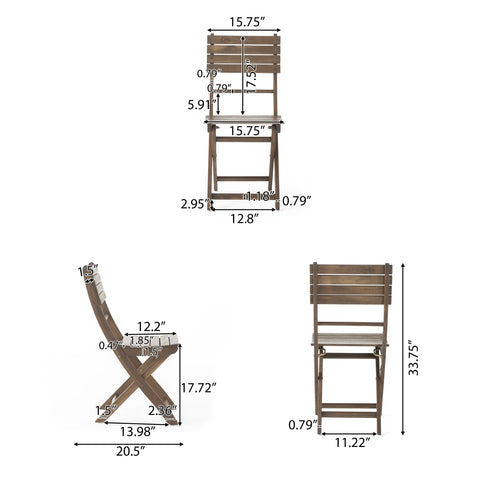 Rabion Outdoor Acacia Wood 3 Piece Folding Bistro Set, Gray