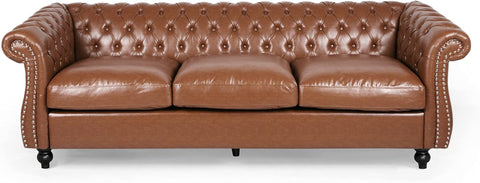 Quentin Chesterfield Tufted Sofa with Scroll Arms, Cognac Brown, Dark Brown