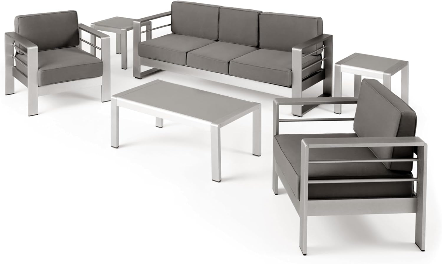 Cape Coral Outdoor 5 Seater Aluminum Sofa Chat Set with 2 Side Tables, 32.00 "W X 27.5 "D X 24.6 "H, Silver + Khaki