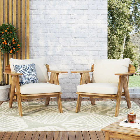 Arcola Outdoor Acacia Wood Club Chairs with Cushions (Set 2)